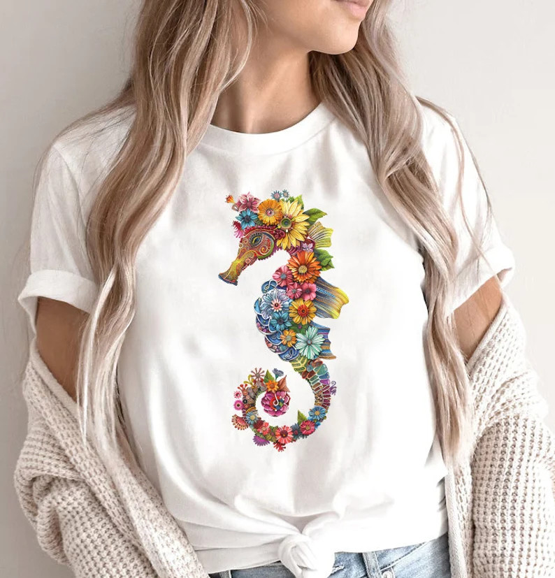 Floral Seahorse Ocean Animal Comfort Tee