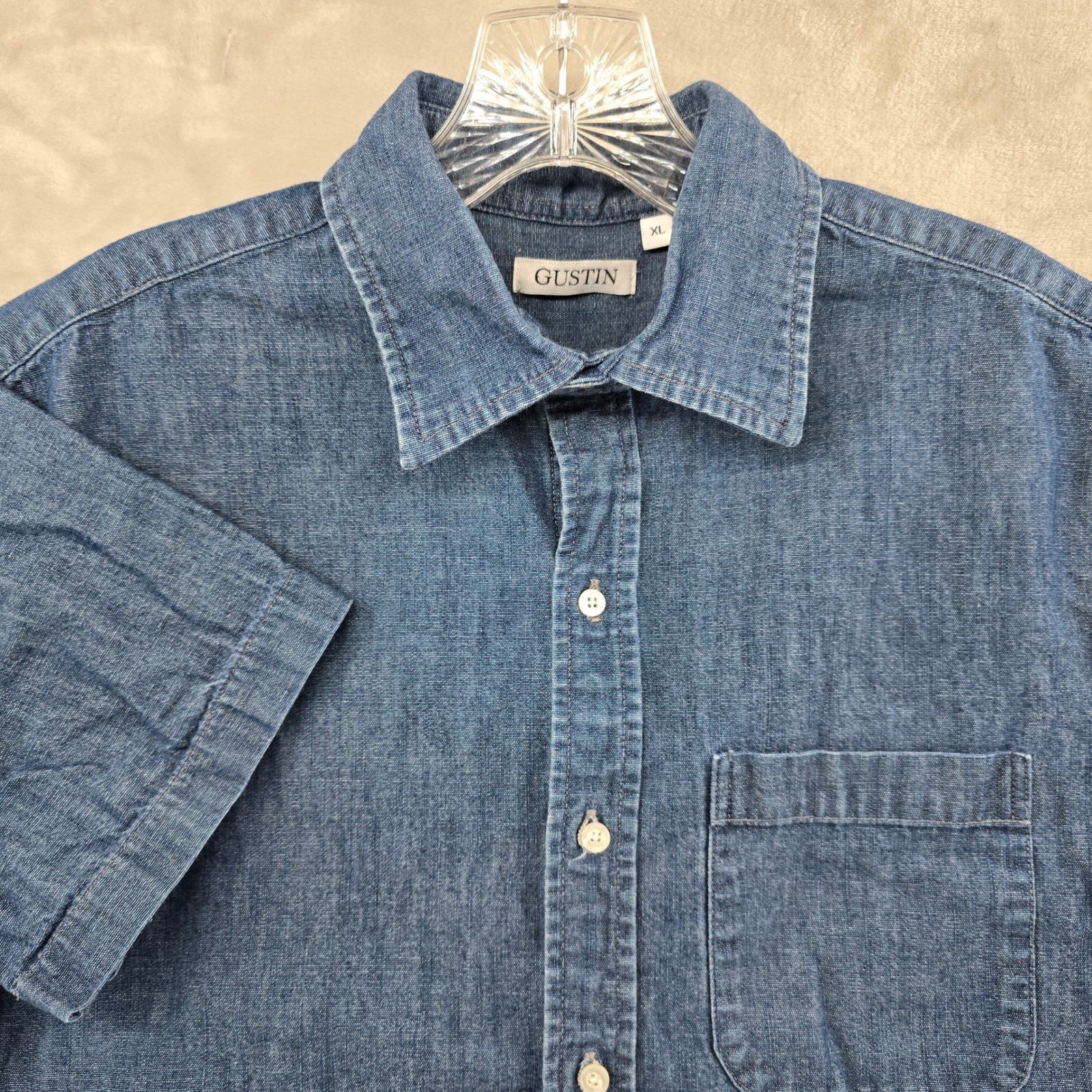 Gustin Denim Button Down Shirt Mens XL Blue Short Sleeve 100% Cotton Made in USA