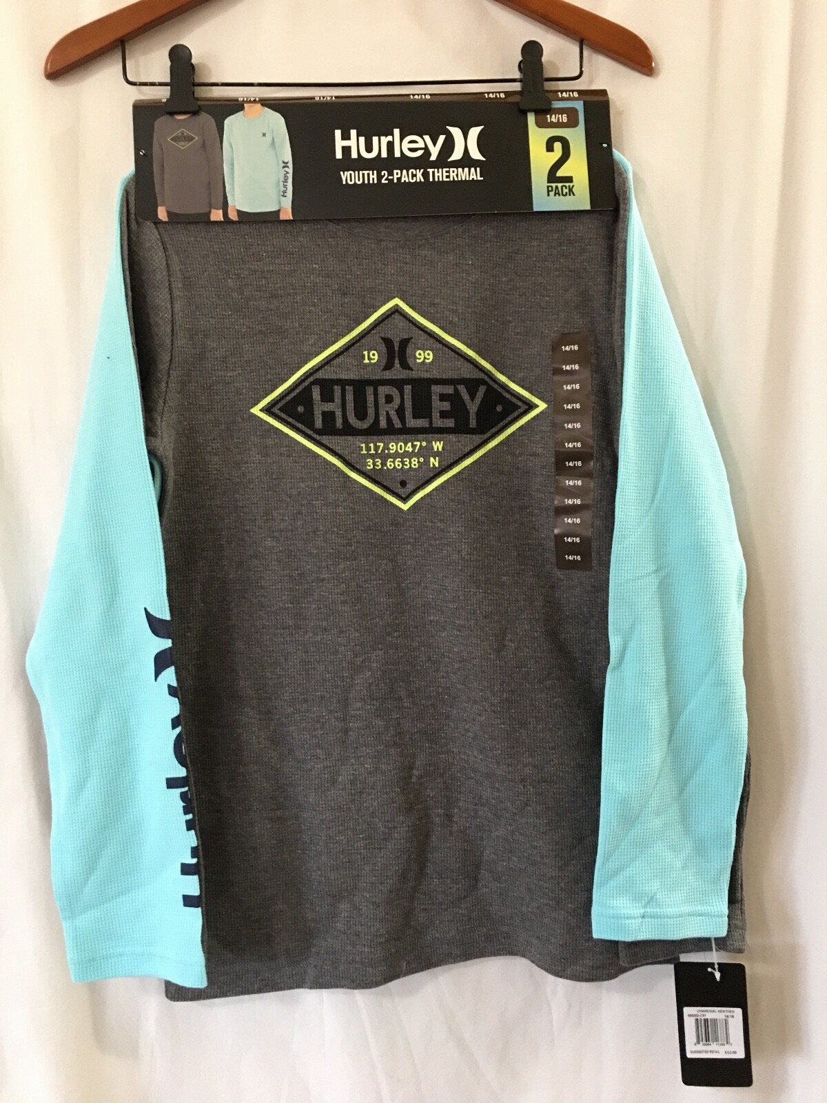 Hurley Boy’s 2-Pack Thermal Crew Neck Long Sleeve T-Shirts 14/16 NEW