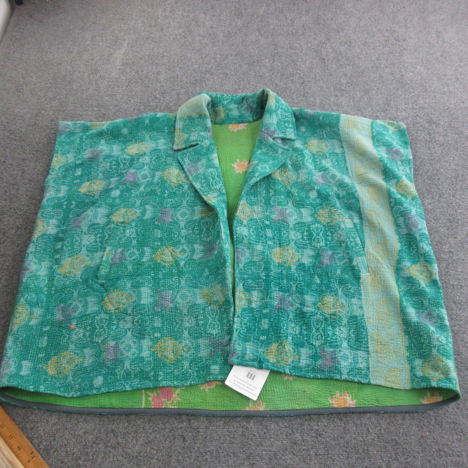 Sapana Coat Womens One Size Green Quilted Kantha Blanket Floral Boho Open Front