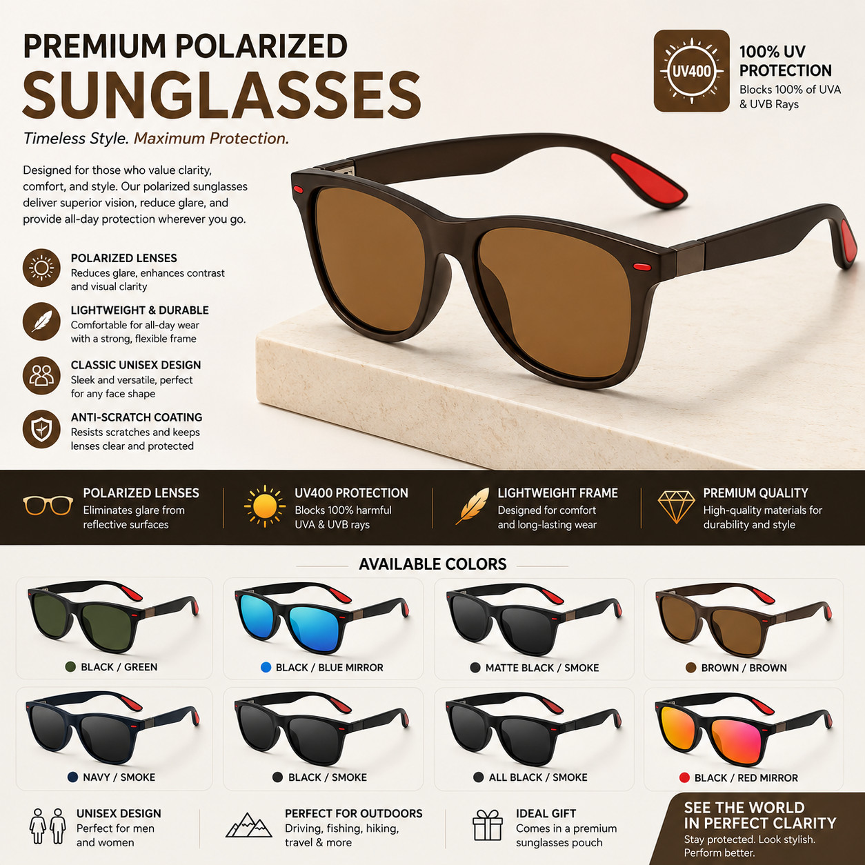 Men’s Polarized Sunglasses UV400 TAC Lenses Driving Cycling Brown Frame