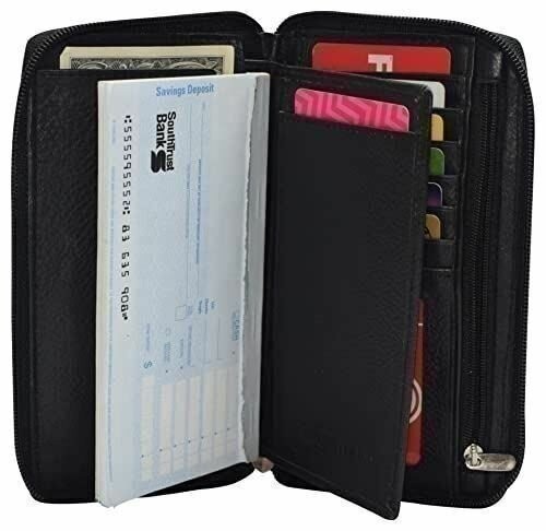 RFID Blocking Genuine Leather Long Bifold Zipper Checkbook Cover Wallet