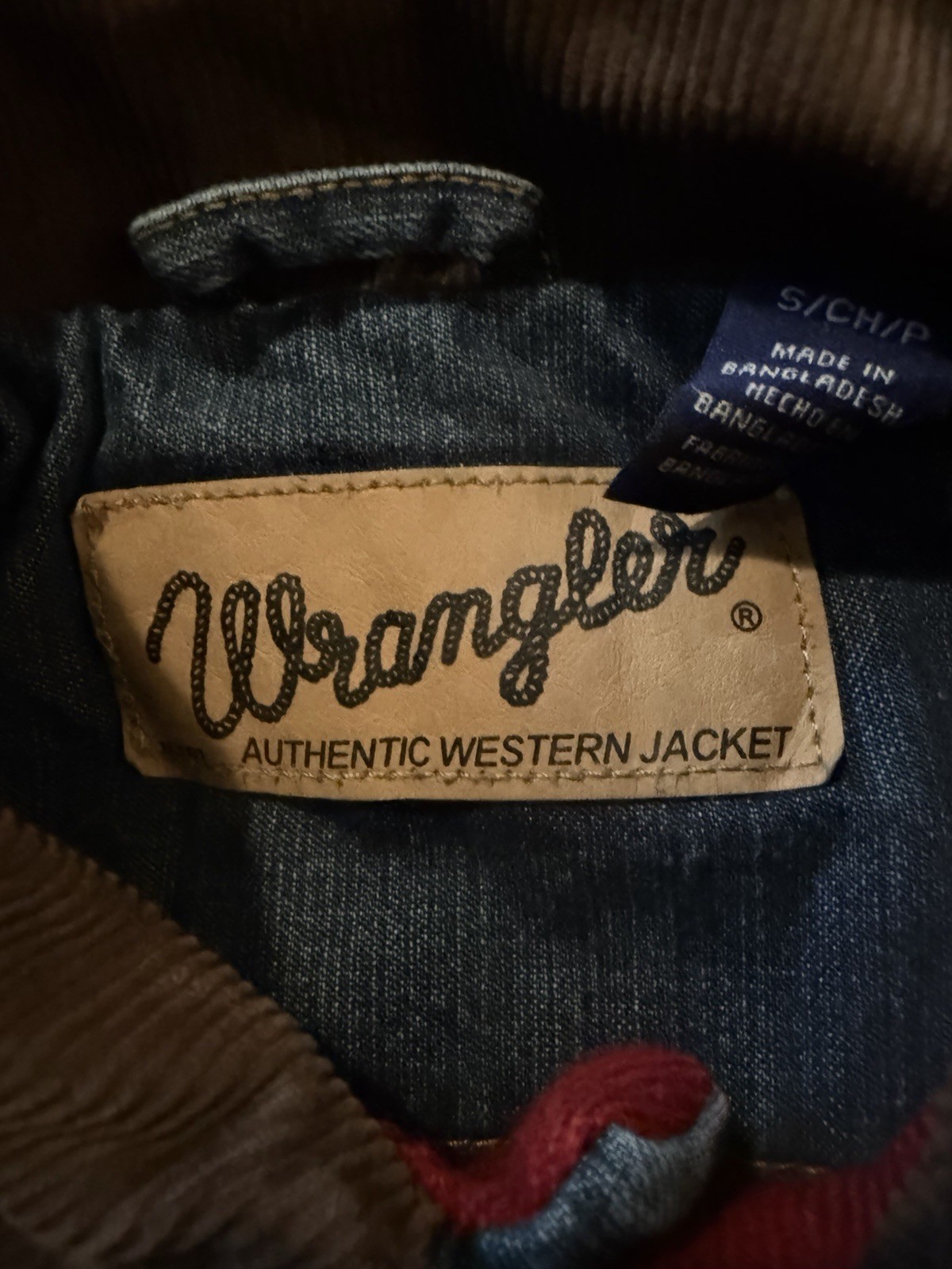 Y2K Wrangler Authentic Western Boys S Denim Red Cloth Lined, Corduroy Collar