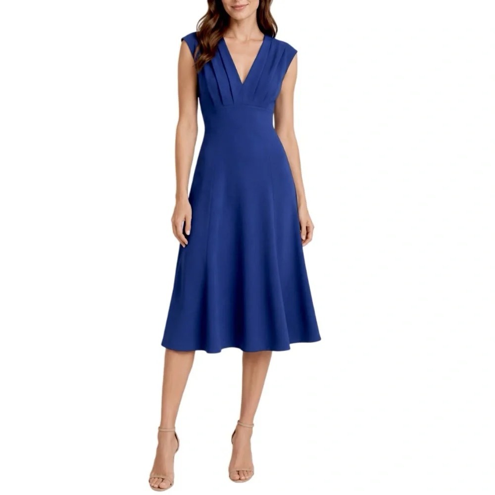 Donna Karan Women Dress Size 12 Blue Pleated Bodice V Neck Fit & Flare Midi New