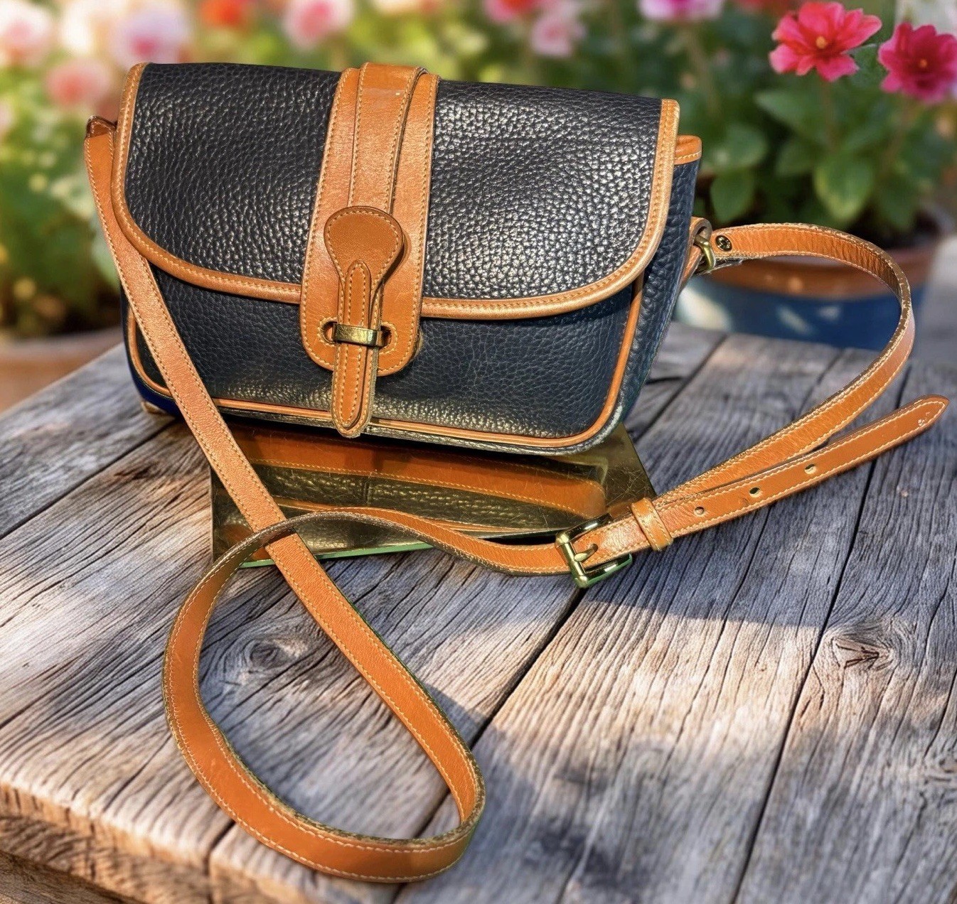 Dooney Bourke Navy Blue Vintage Flap Equestrian Tack Bag All Weather Leather