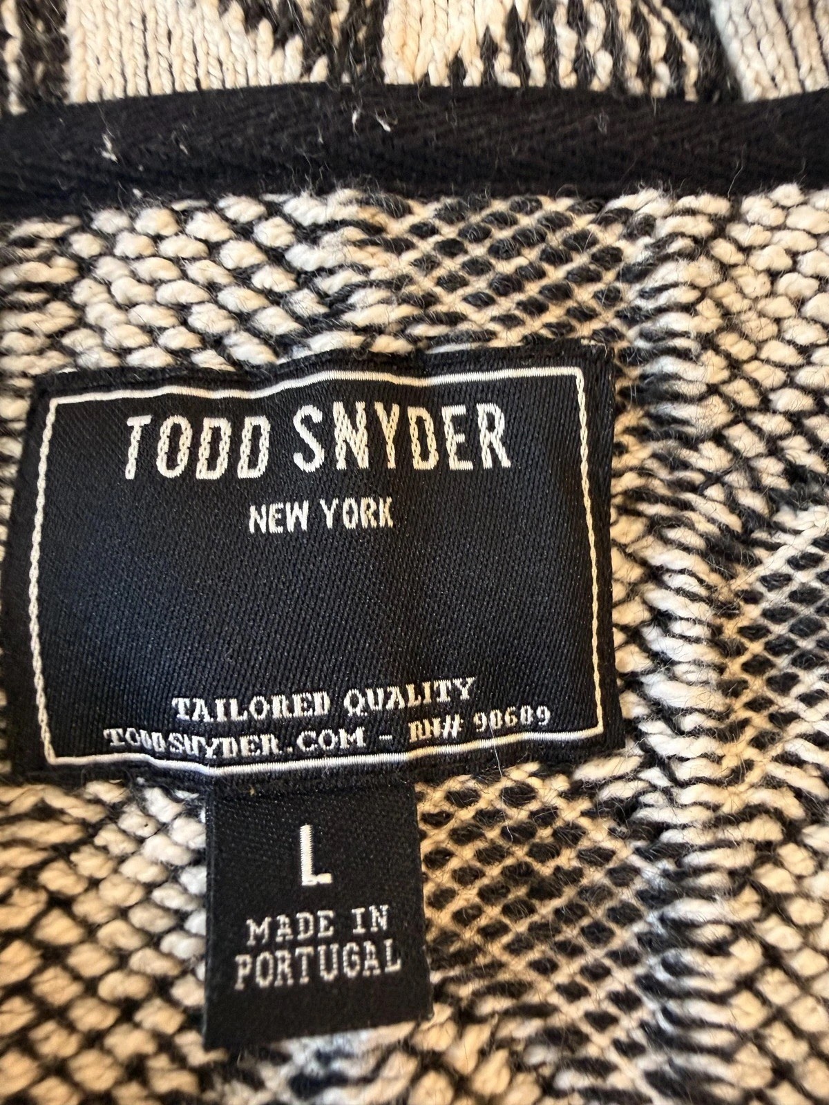 Todd Snyder Shirt Mens Large Black Geometric Knit Button Up Short Sleeve Pockets