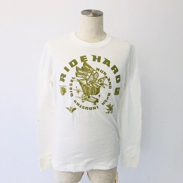 Diesel Long T-Shirt White/Moss Green Print M Used Japan