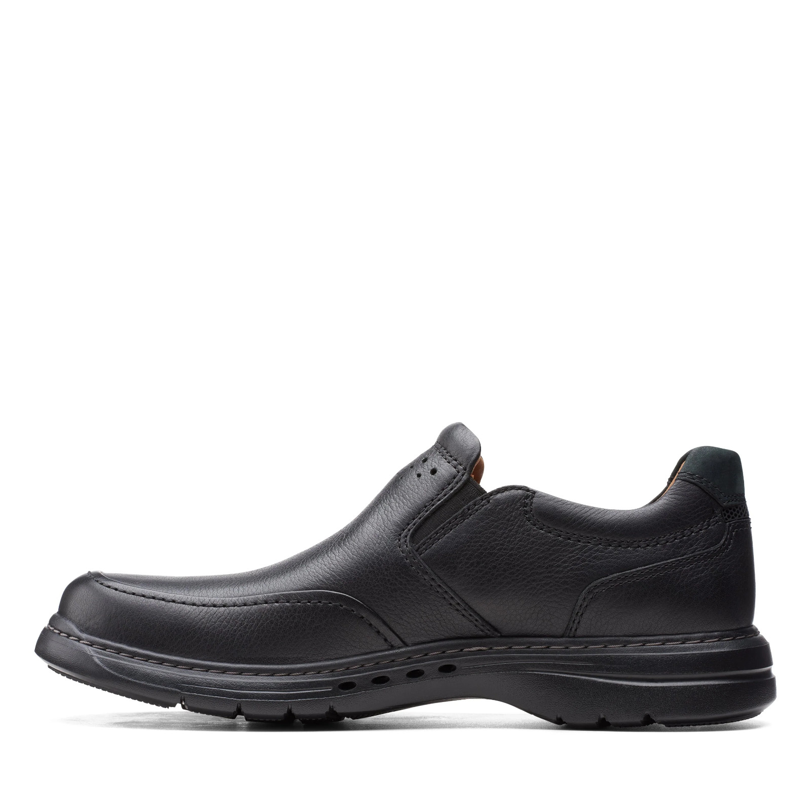 Mens Clarks Un BrawleyStep Slip Ons – Black Leather, Size 7 Medium [26151788]