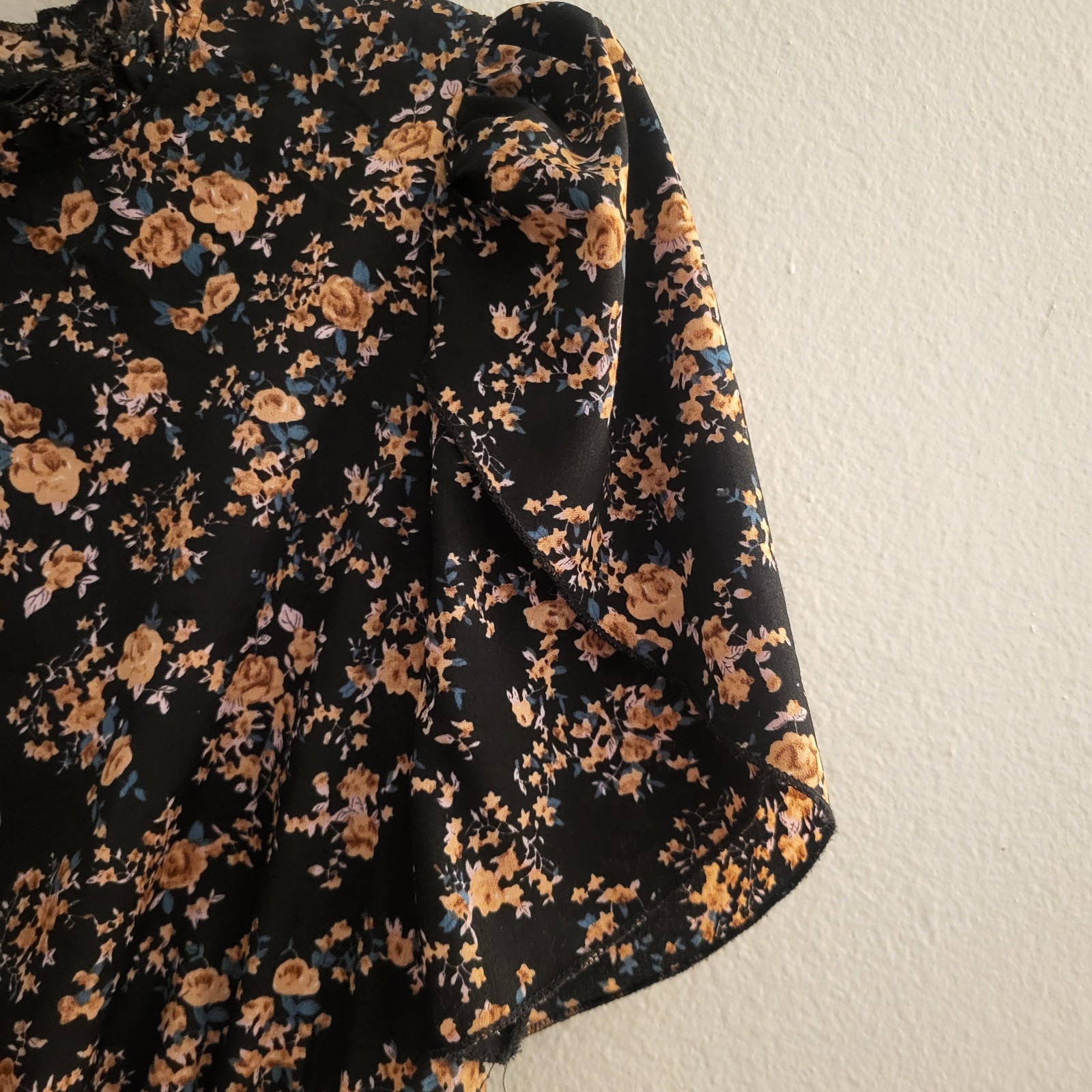 Ditsy black floral Petal Sleeve Layered Midi Dress small Prairie Forest Fairy
