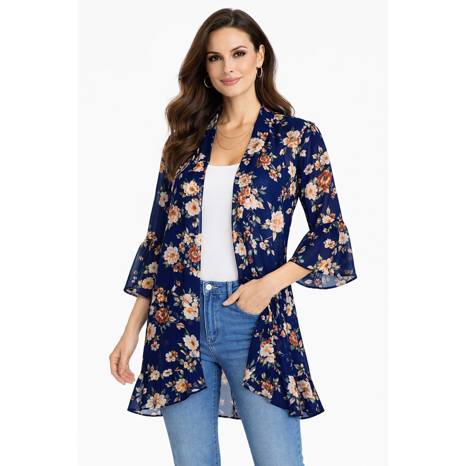 Entro Floral Print Kimono Jacket Navy Blue Bell Sleeve Ruffle Women’s M