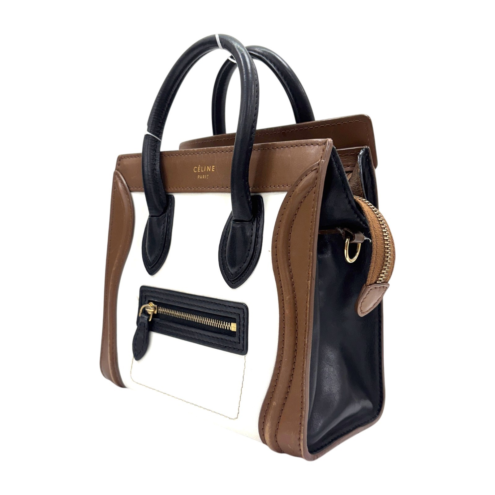 CELINE Nano Luggage Shoulder Handbag Calfskin White Brown 189243