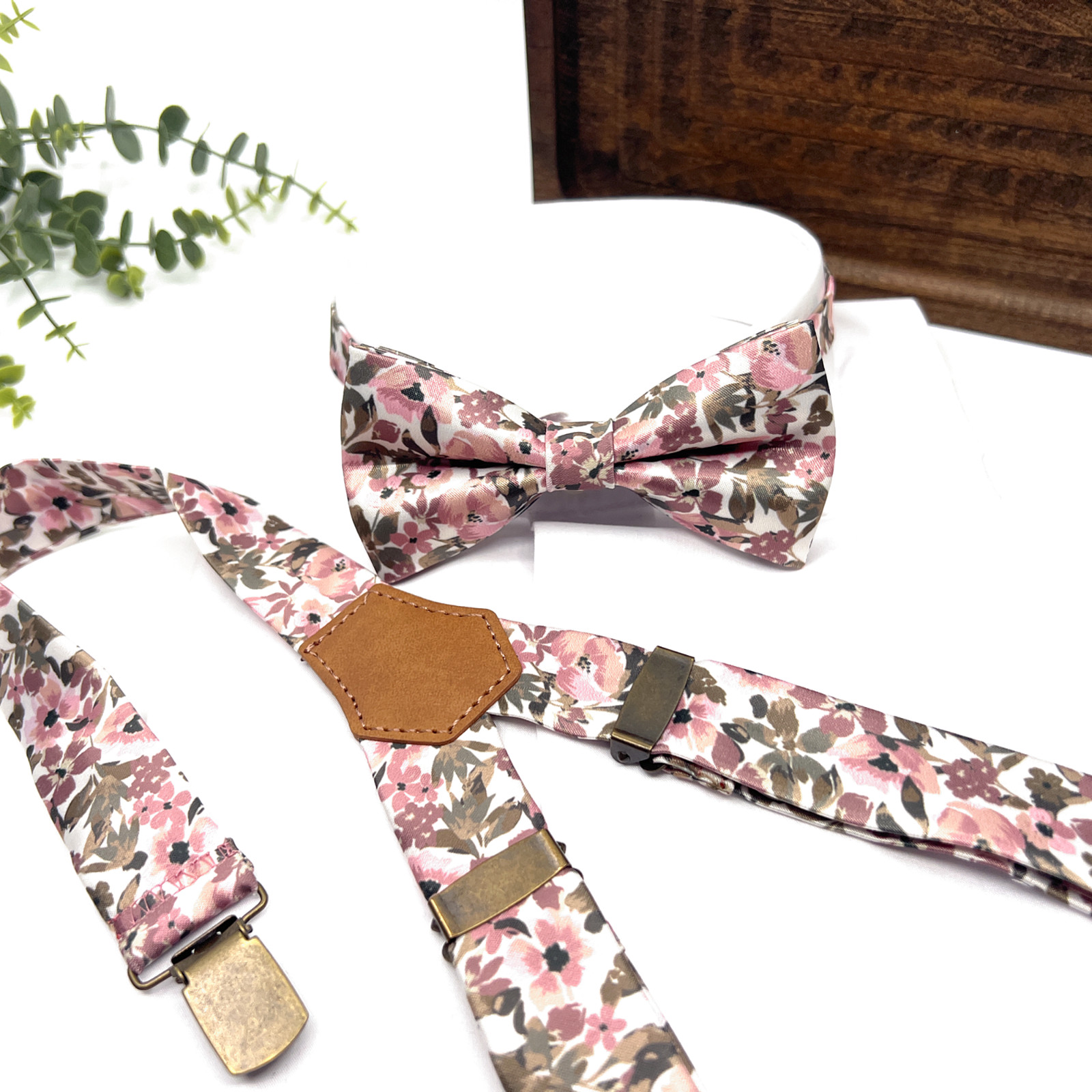 Blush Pink Floral Suspenders and Bow Tie Set With Olive Green