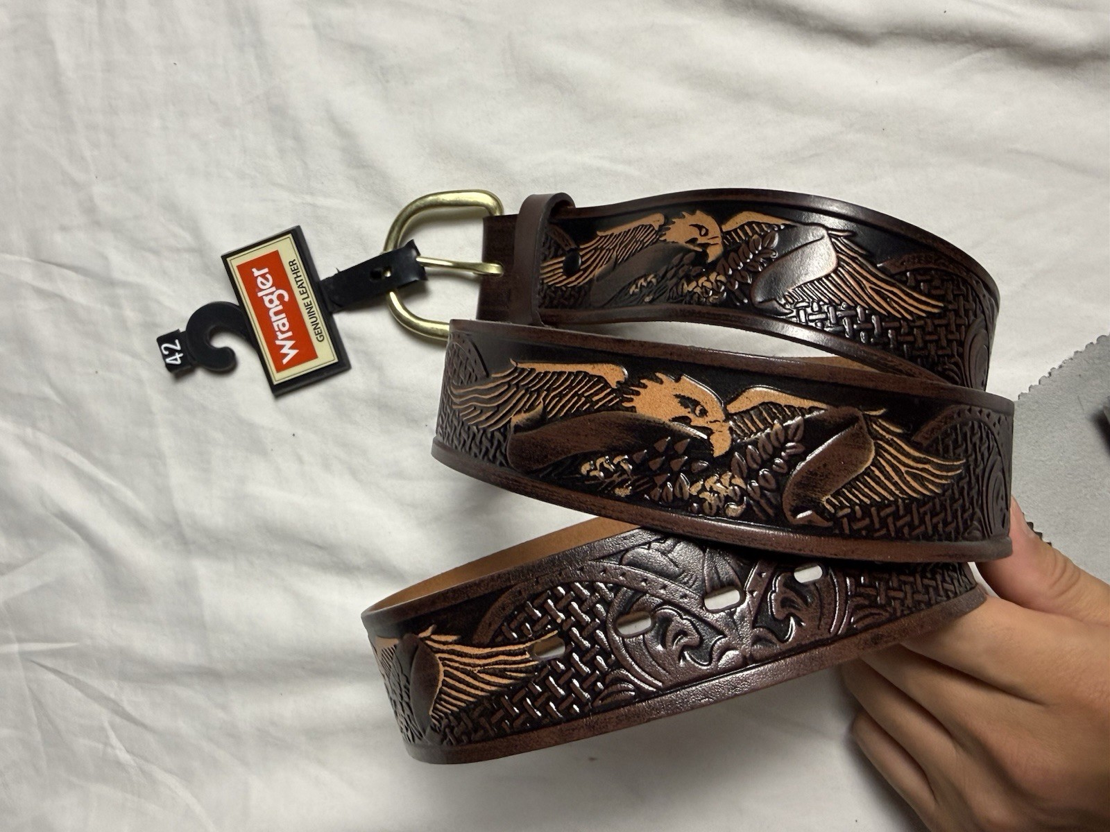 VTG WRANGLER Western Eagle Belt Mens 42 Brown Leather Tooled Rodeo Cowboy NWT