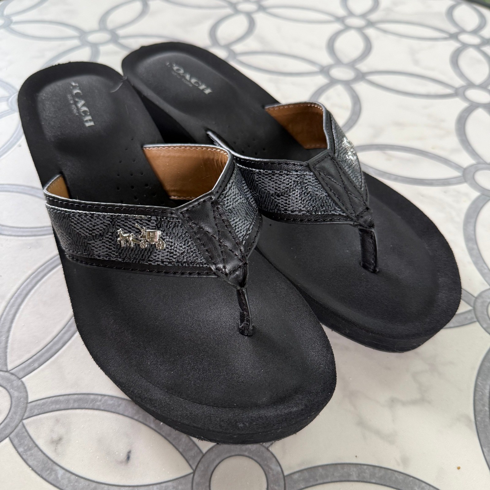 Coach Jolene Leather Wedge Sandals Monogram C Thong Flip Flops Black Womens 7B