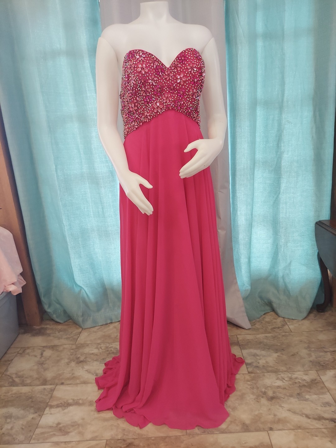 Tiffney Designs Sz 16 Fushia Pink Flower Gem +bead Top Prom Gown