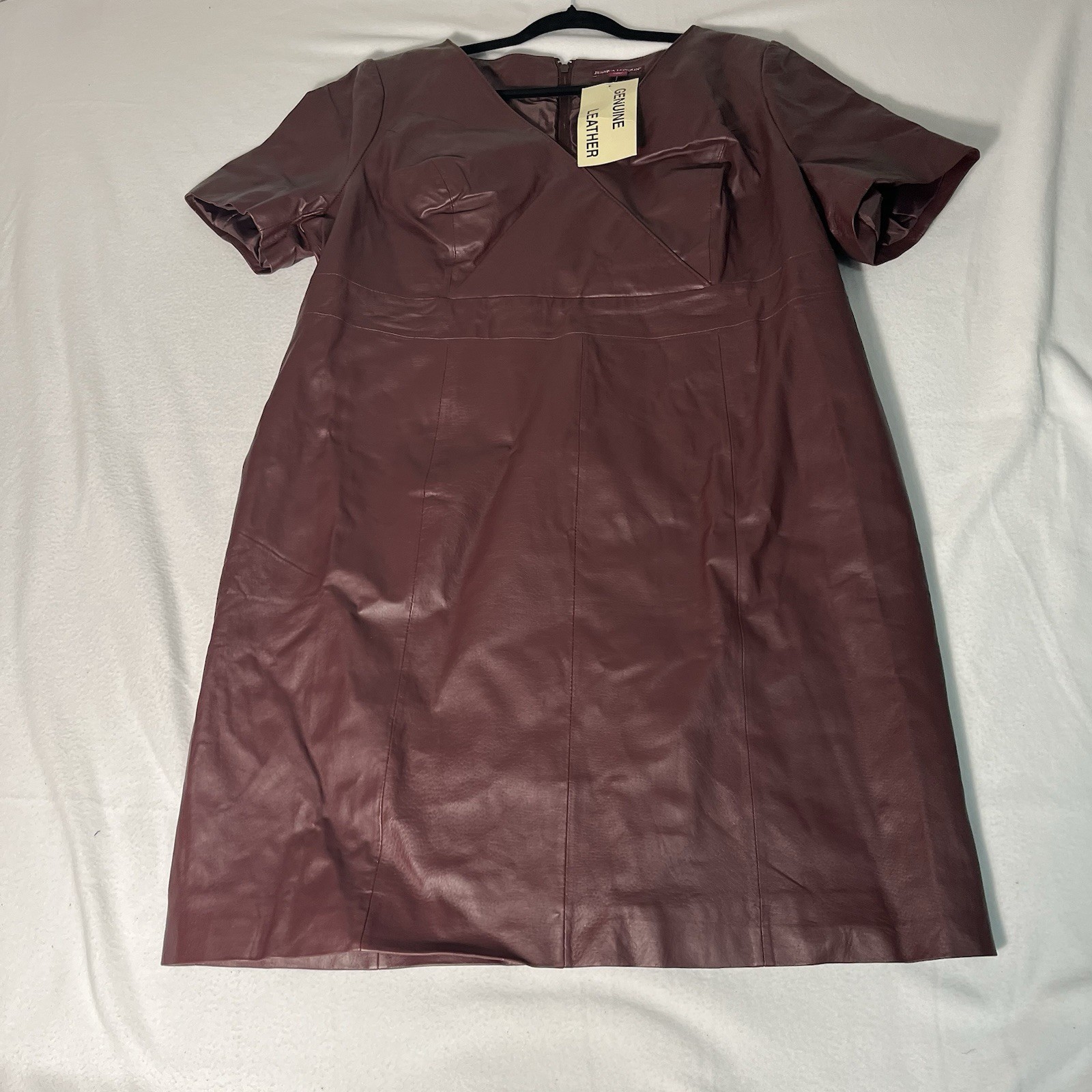 Jessica London Leather Burgundy Sheath Dress V-Neck Short Sleeve Size 16