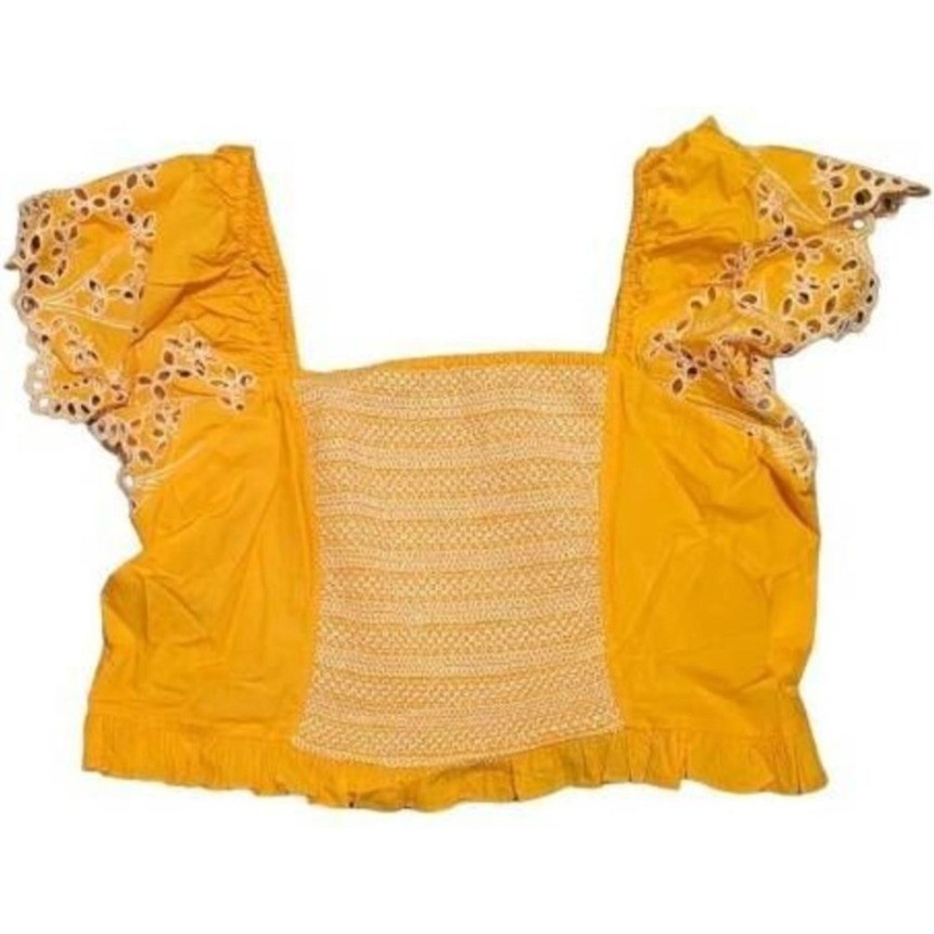 Tanya Taylor Austin Top Marigold Yellow Eyelet Flutter Sleeve Smock Plus Size 22