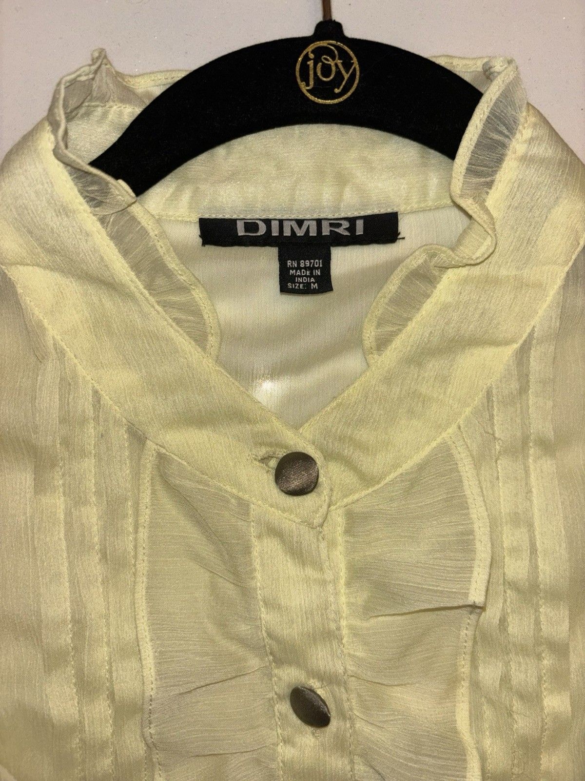 Dimri Sheer Ruffle Blouse Women’s Size M Yellow Button Front Romantic Chi