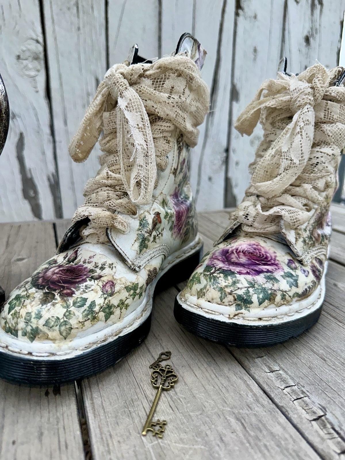 Women’s Floral Lace-Up Ankle Combat Boots Leather Round Toe Beige/Purple 6