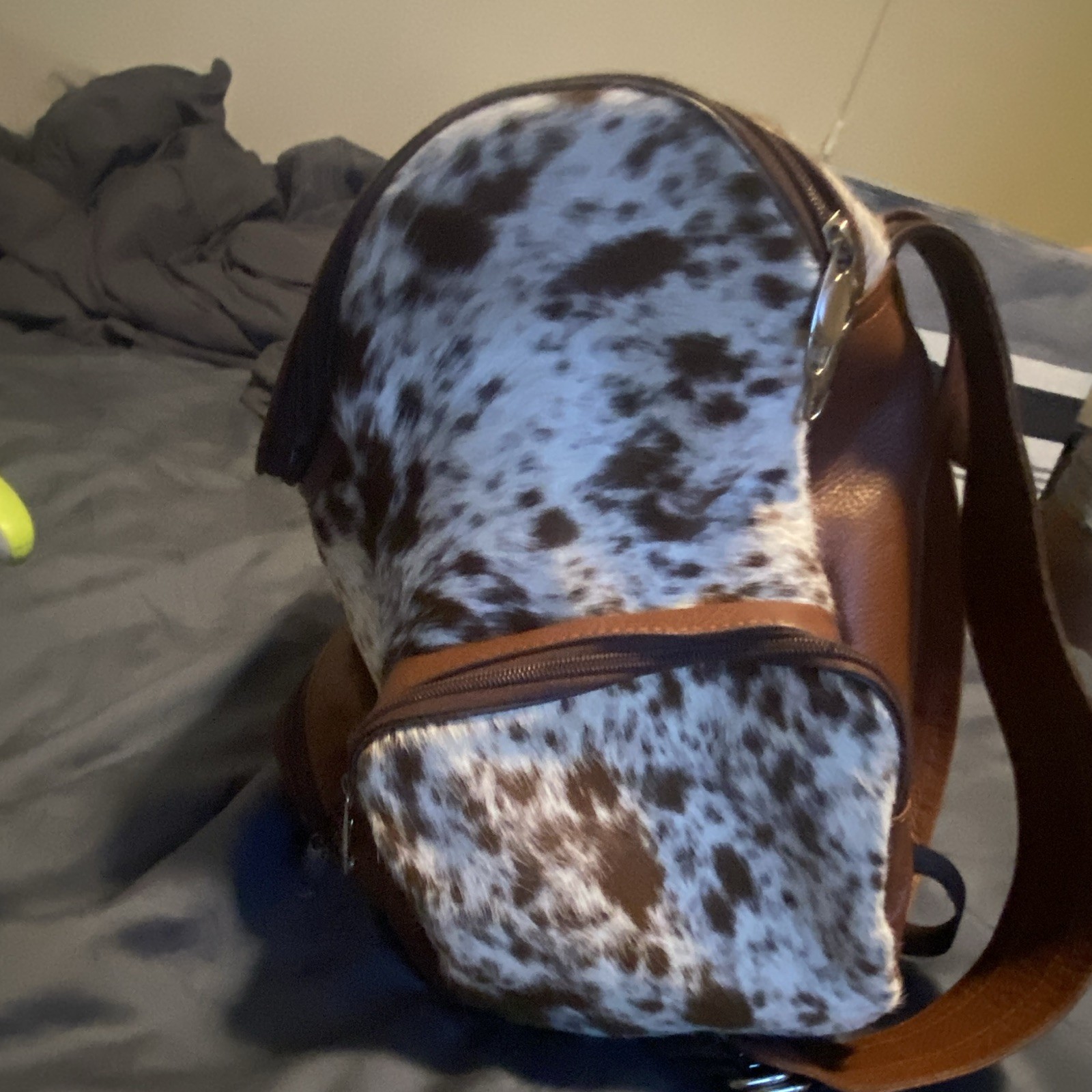 Real Cowhide Backpack Brown/White Zip, Inner Pockets, Adjustable Straps
