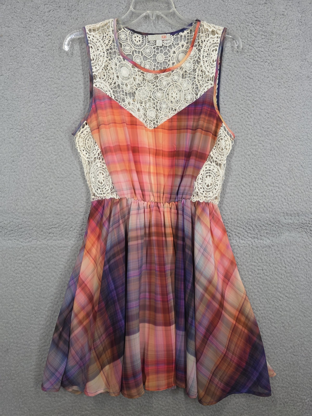 Plaid Fit And Flare Dress Medium GB Crochet Trim Orange Purple Sundress Knee Lgt