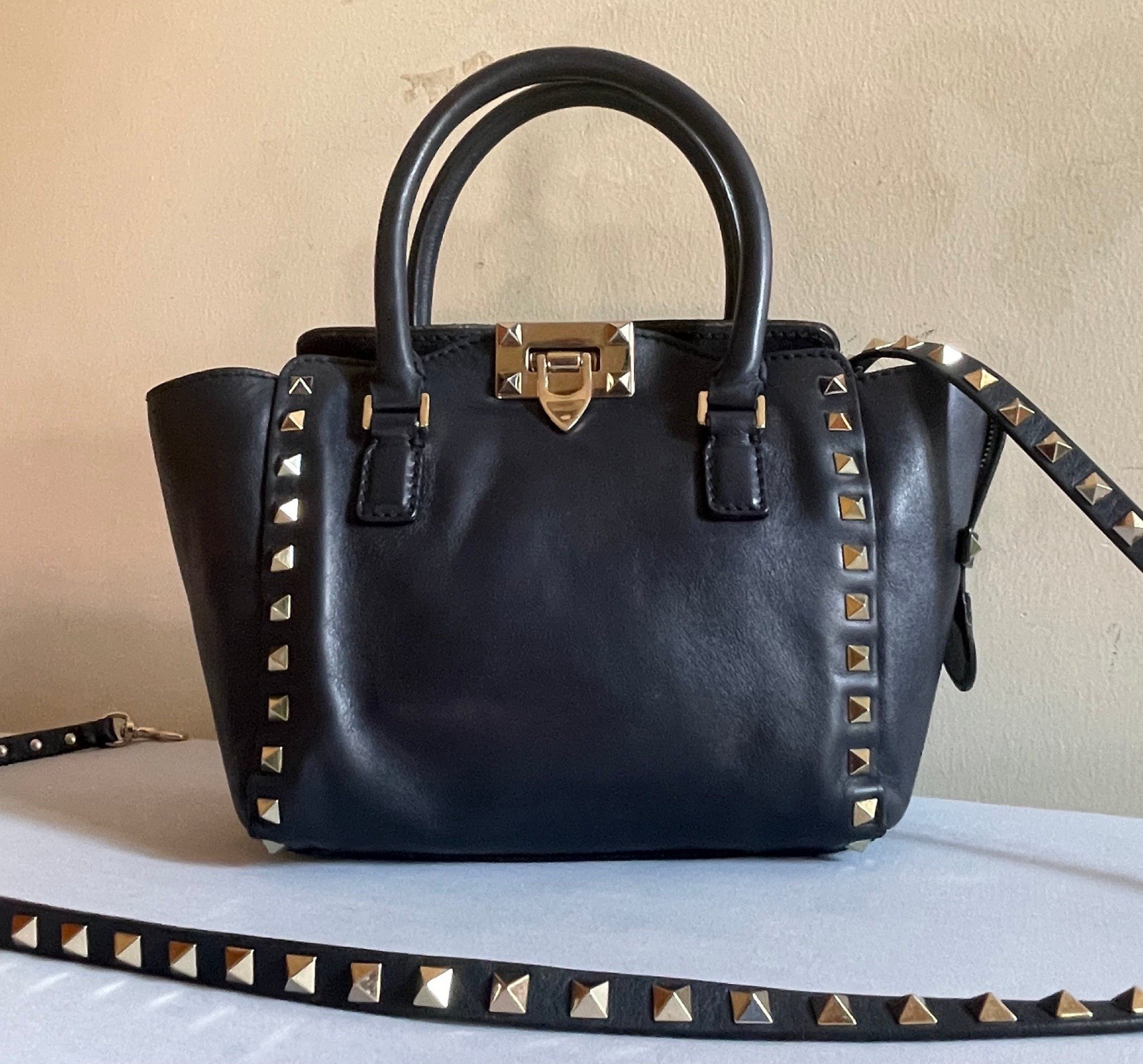 Valentino Garavani Rockstud Small Navy Blue Leather Top Handle Shoulder Bag