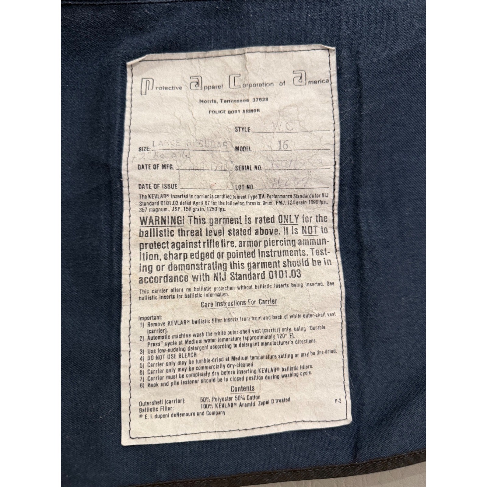 Protective Apparel Corp America Body Armor Carrier Mens Large Regular Navy