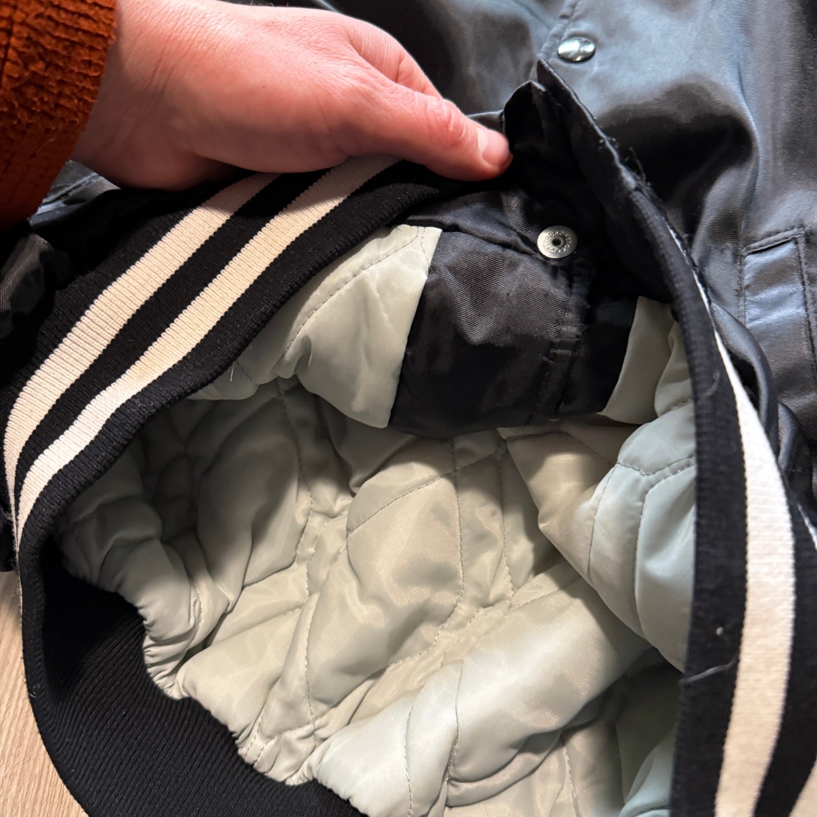 Vintage 90’s Premier Protective Coatings Black Satin Quilted Bomber Jacket Sz L