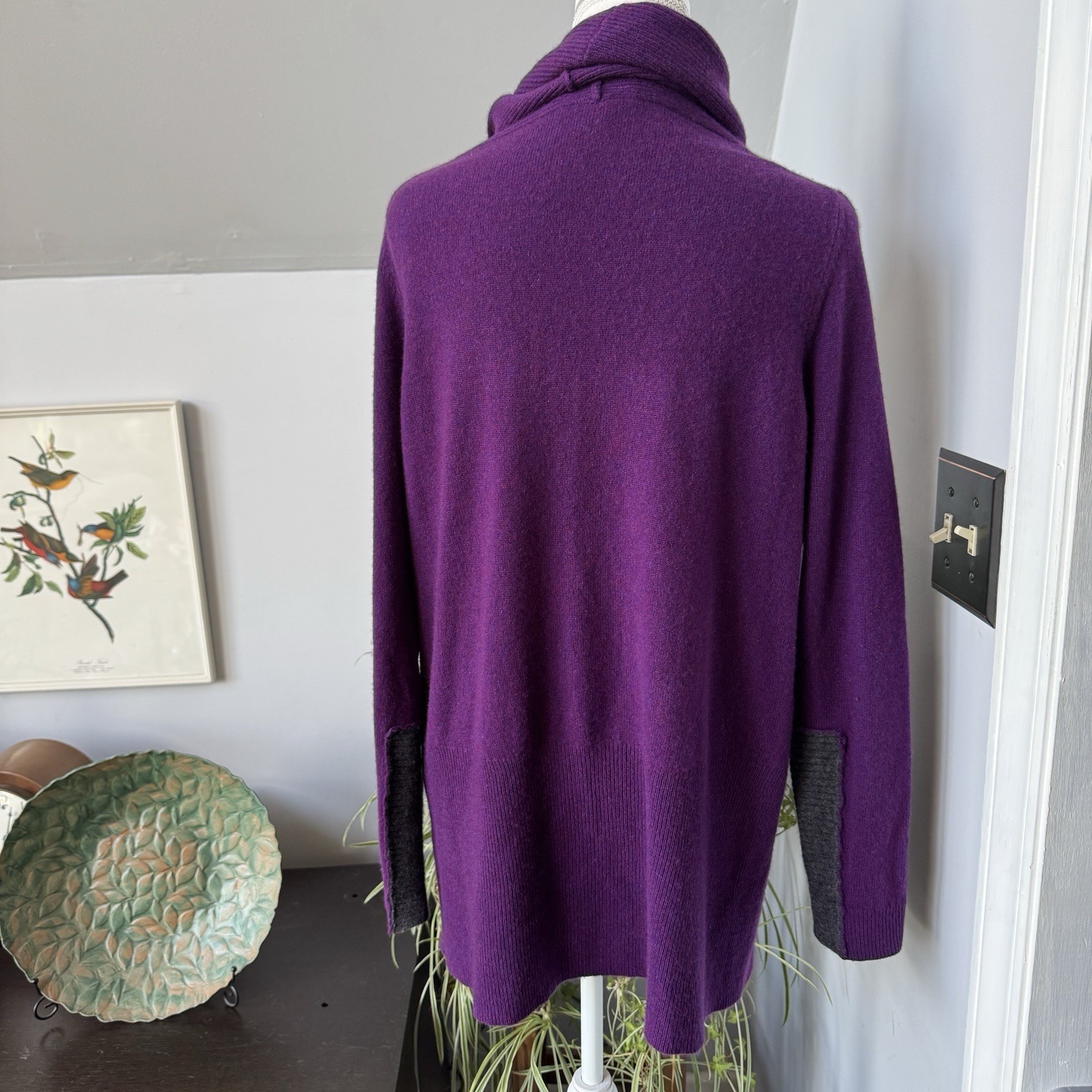 White + Warren Purple Cashmere Sweater Cowl Neck Size Large Long Tunic Luxe