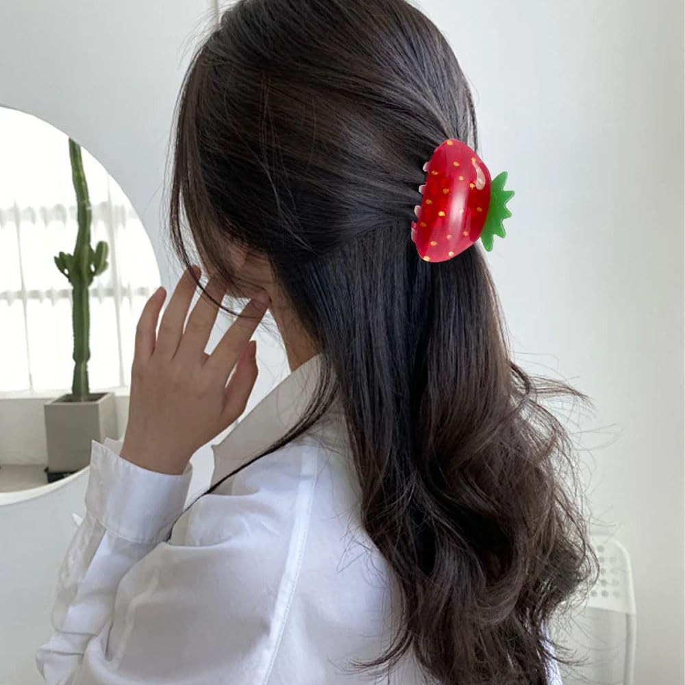 Strawberry Hair Clips for Women, Red and Green Fruit Design, And