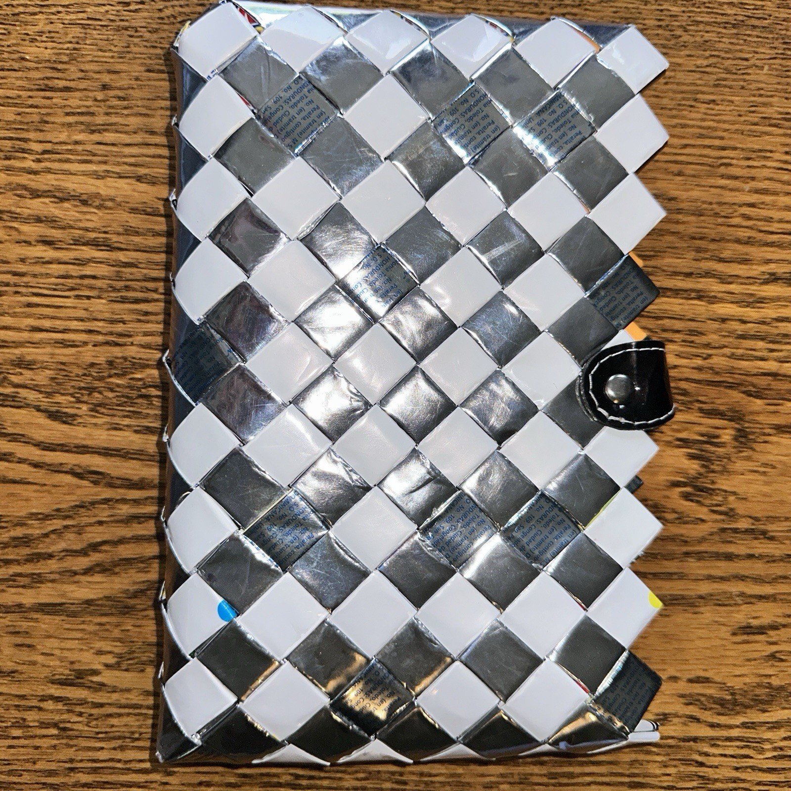 Nahui Ollin Y2K Woven Candy Wrapper Clutch Bag Purse Silver White Glossy Buckle