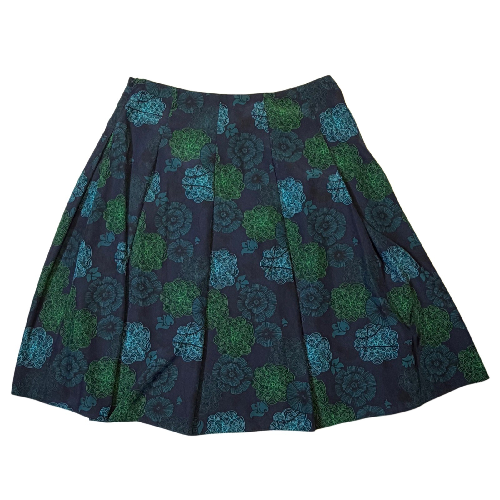 Retro Floral Liz Claiborne Pleated A-Line Midi Skirt Navy Green Teal Size 10