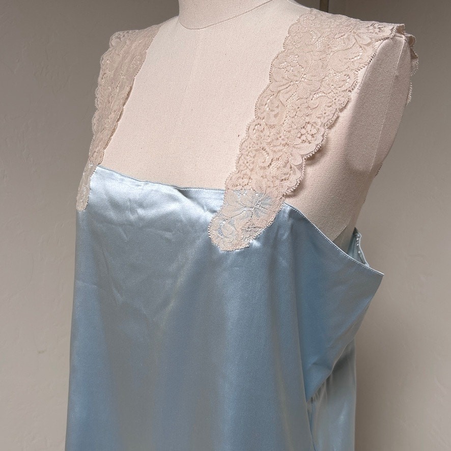 Silk Lace Trim Cami Tank Top Soft Blue Lingerie Inspired Coquette Layering L