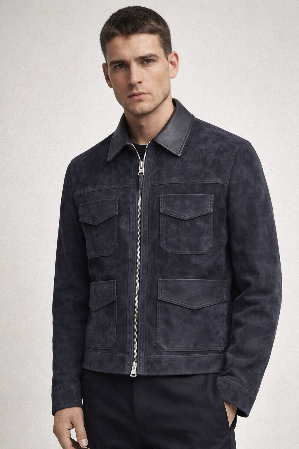Men’s Blue Suede Leather Racer Jacket – Premium Nubuck – Motorcycle Style Coat