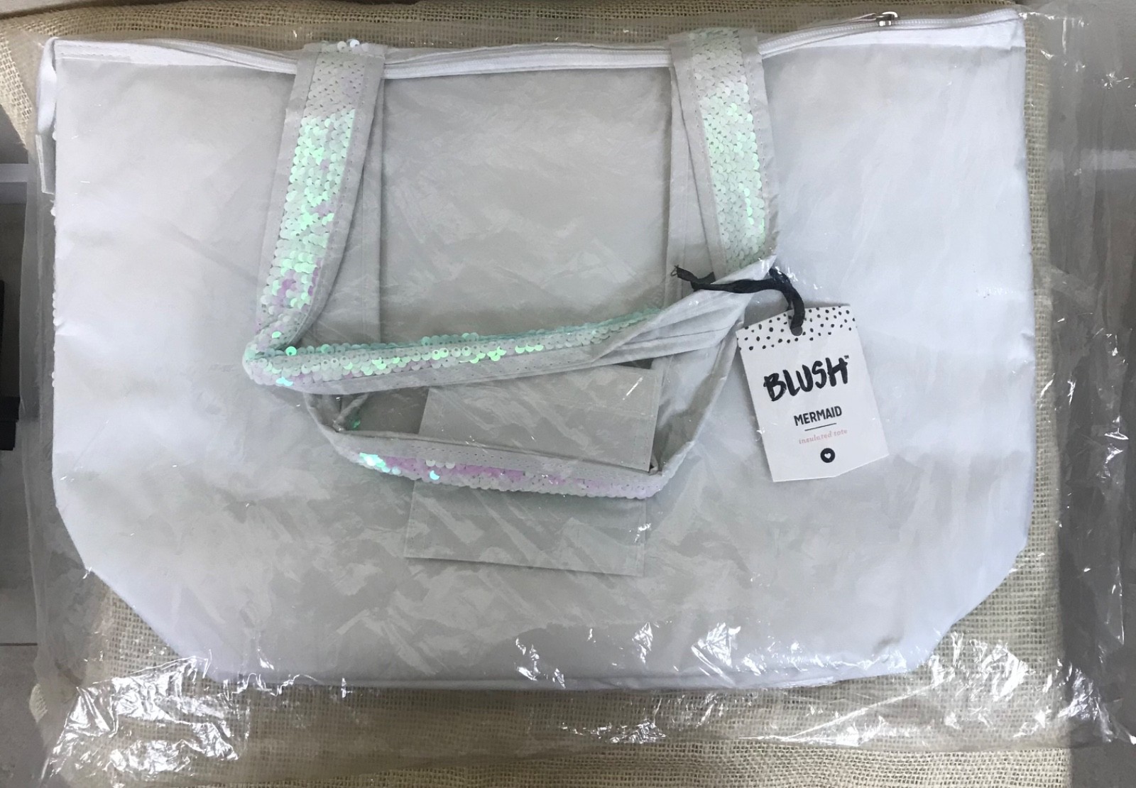 BLUSH Mermaid Insulated Cooler Tote Bag Iridescent Sequin White NWT