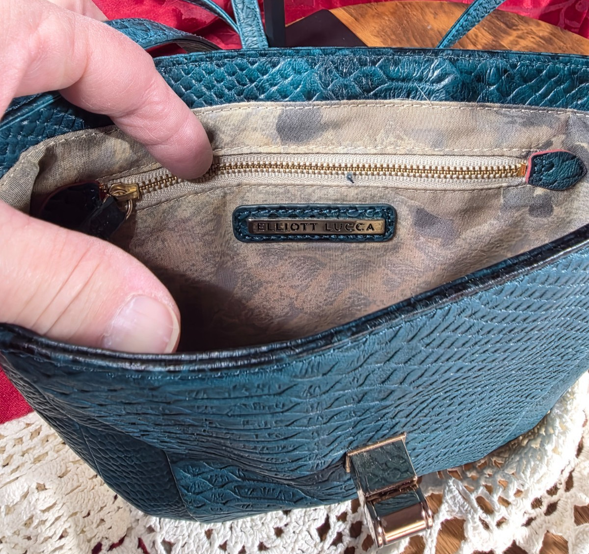 Elliott Lucca Alligator pressed leather bag Teal green Adjustable strap to 24″