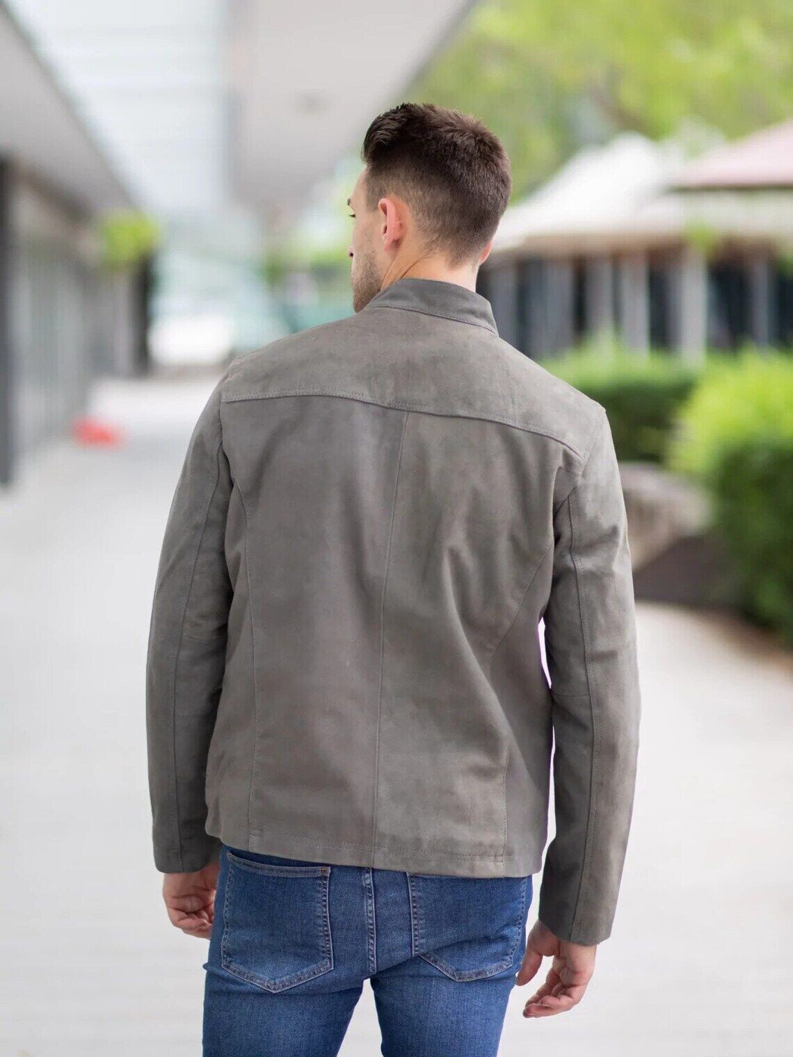 Leather Jacket Men Gray Genuine Suede Cafe Racer Size XS S M L XL XXL Custom-016