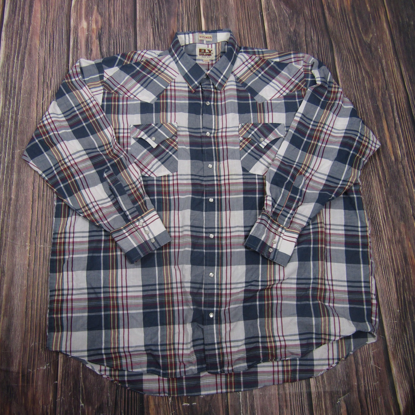 Ely Cattleman Shirt Mens Big 2X Blue Plaid Long Sleeve Button Up Pockets