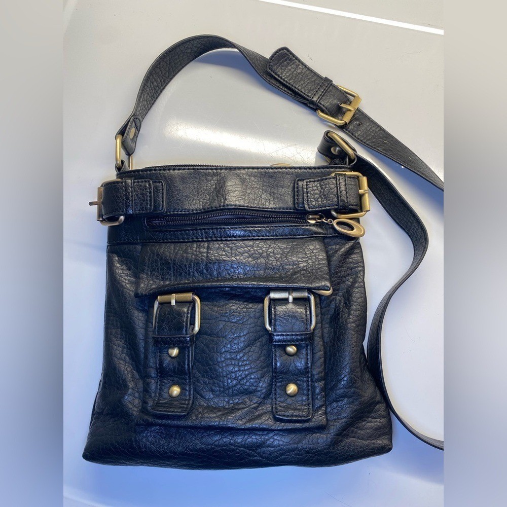 Black Vegan Leather Crossbody Bag w/ Compartments & Pockets & Gold Hardware X
