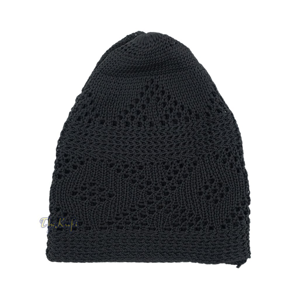 Black Nylon Kufi Skull Cap – Soft Breathable Hat with Open-Weave Diamond Pattern