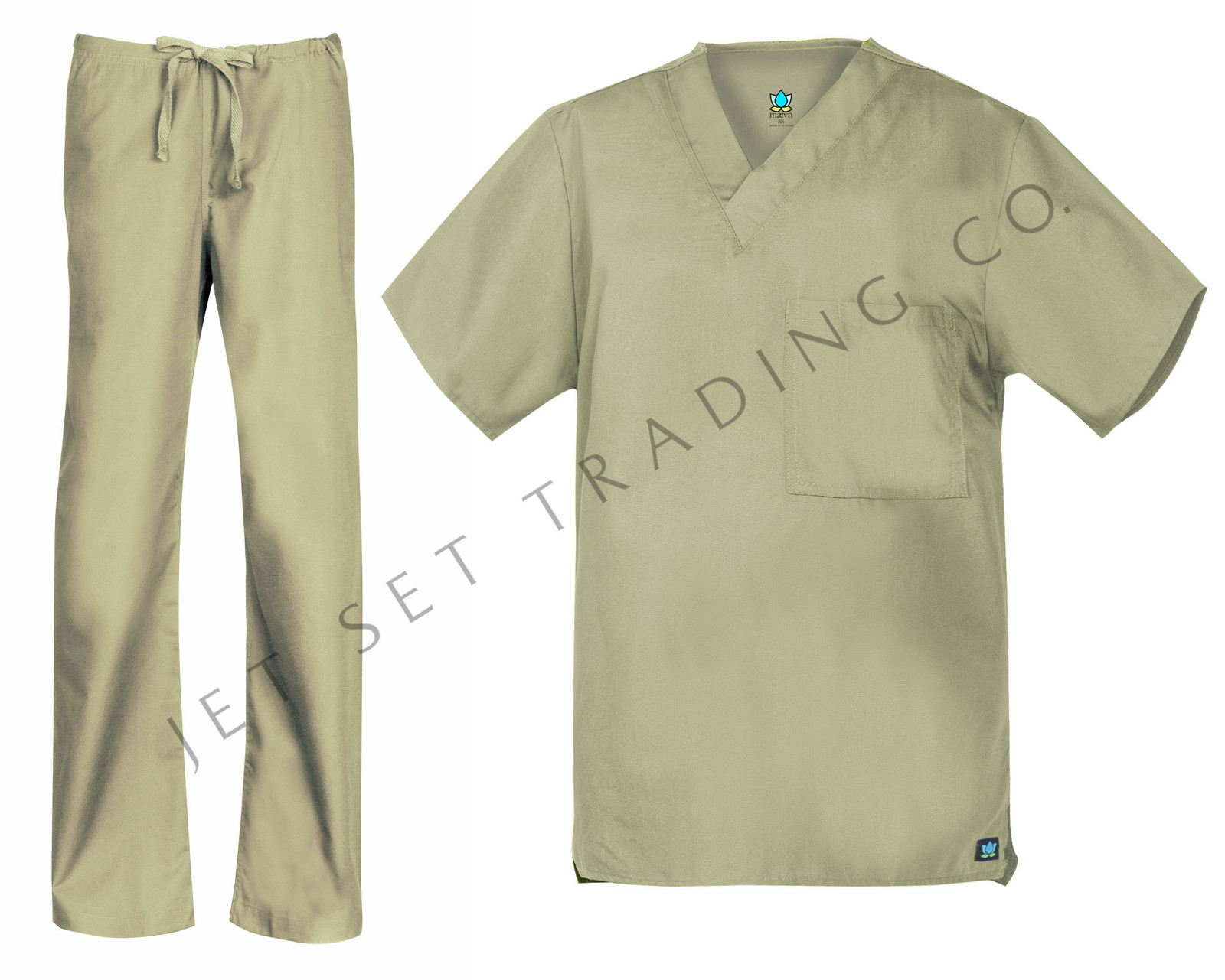Maevn Unisex Khaki Scrub Set One Pocket V-Neck Top Drawstring Pants 2XS to 2XL