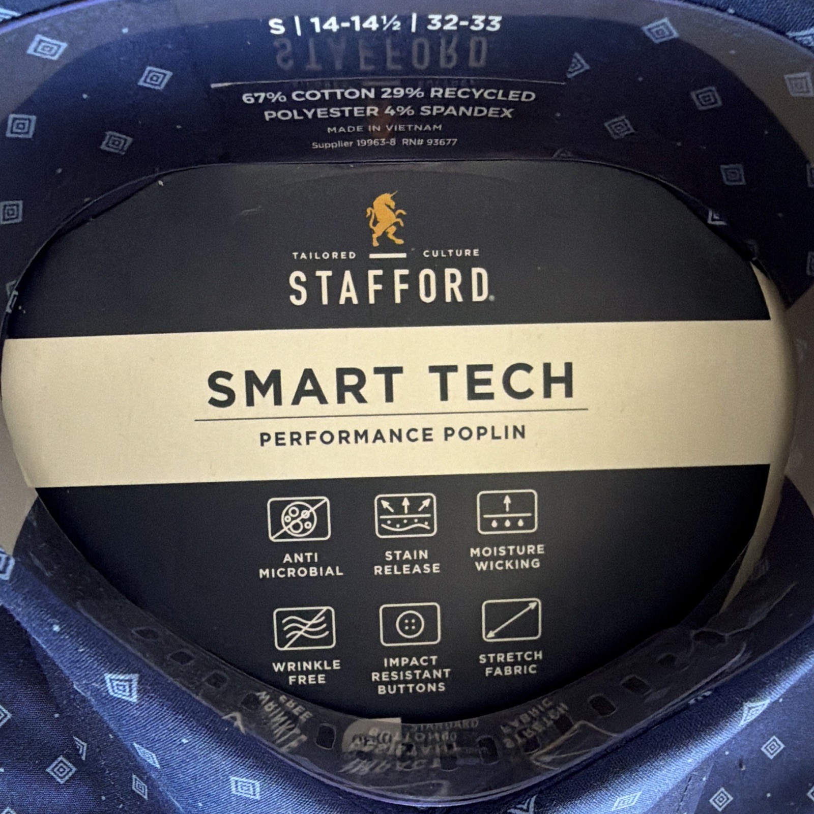 Stafford Smart Tech Geometric Dress Shirt Navy Blue Regular Fit 14-14.5 32/33