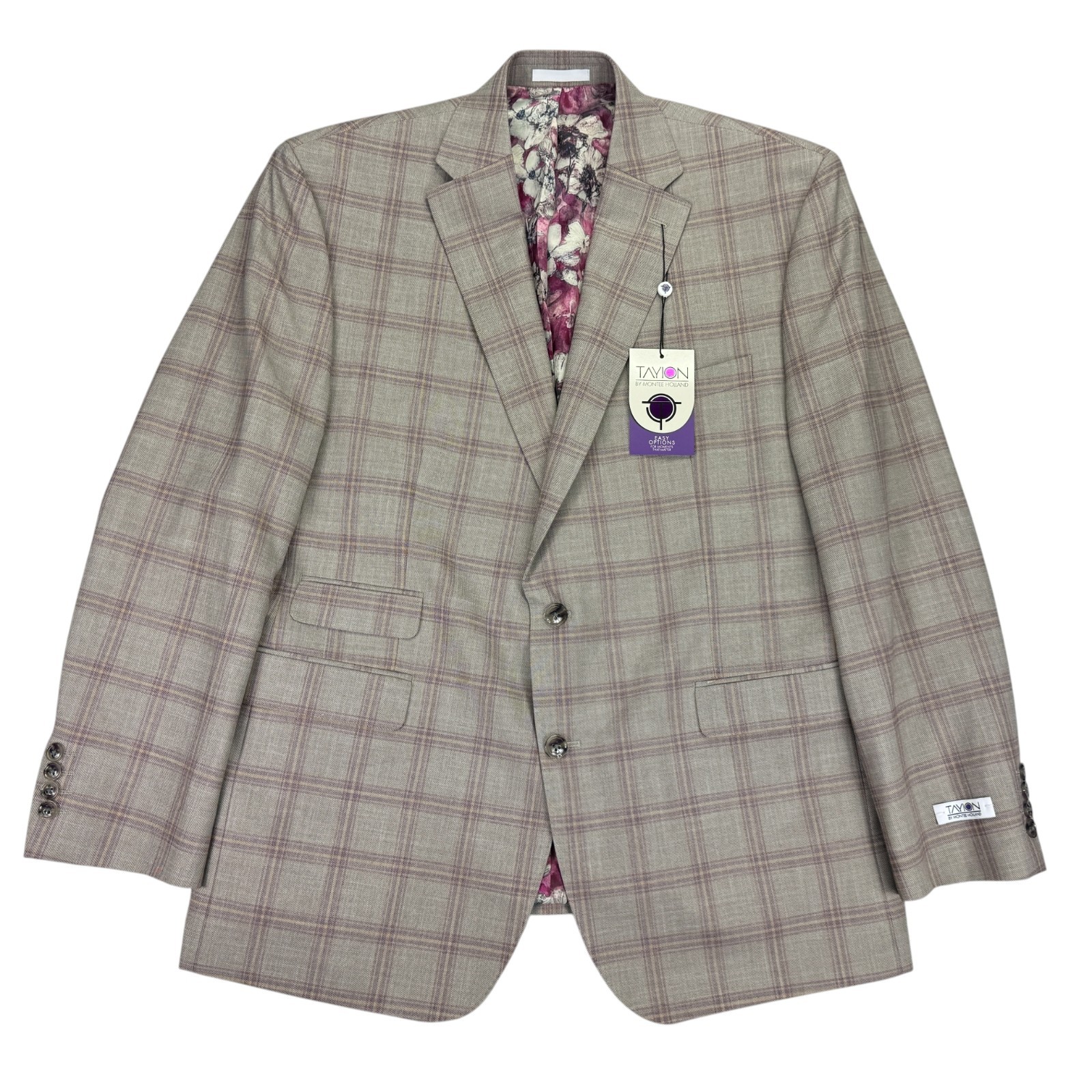 Tayion Mens Agordy Regular Fit Plaid Suit Jacket Tan Red 44R