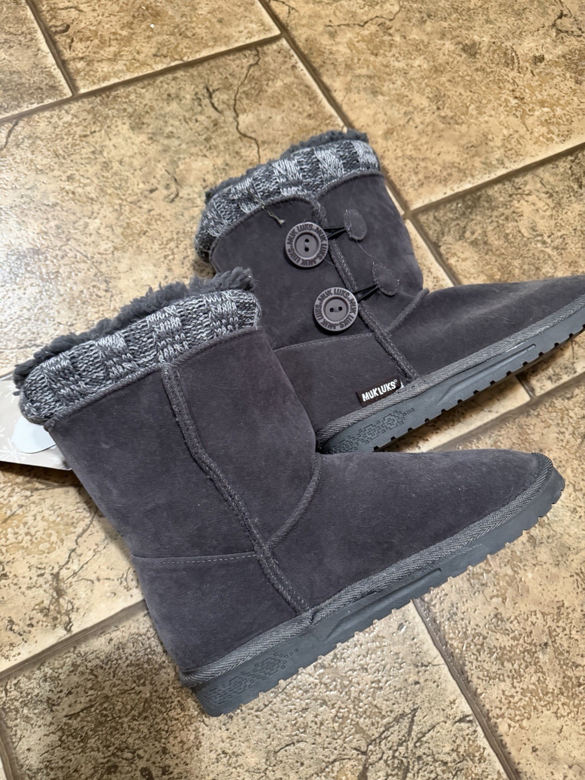 MUK LUKS Women’s Gray Suede Mid-Calf Faux Fur Lined Pull-On Boots 8 Button