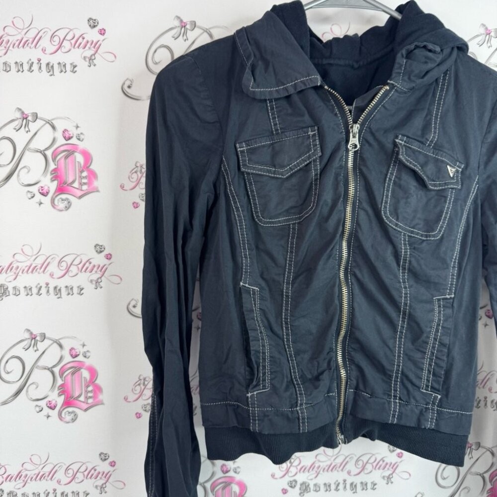 Guess jacket hood zip up logo pockets cargo Black Utility Jacket for Women