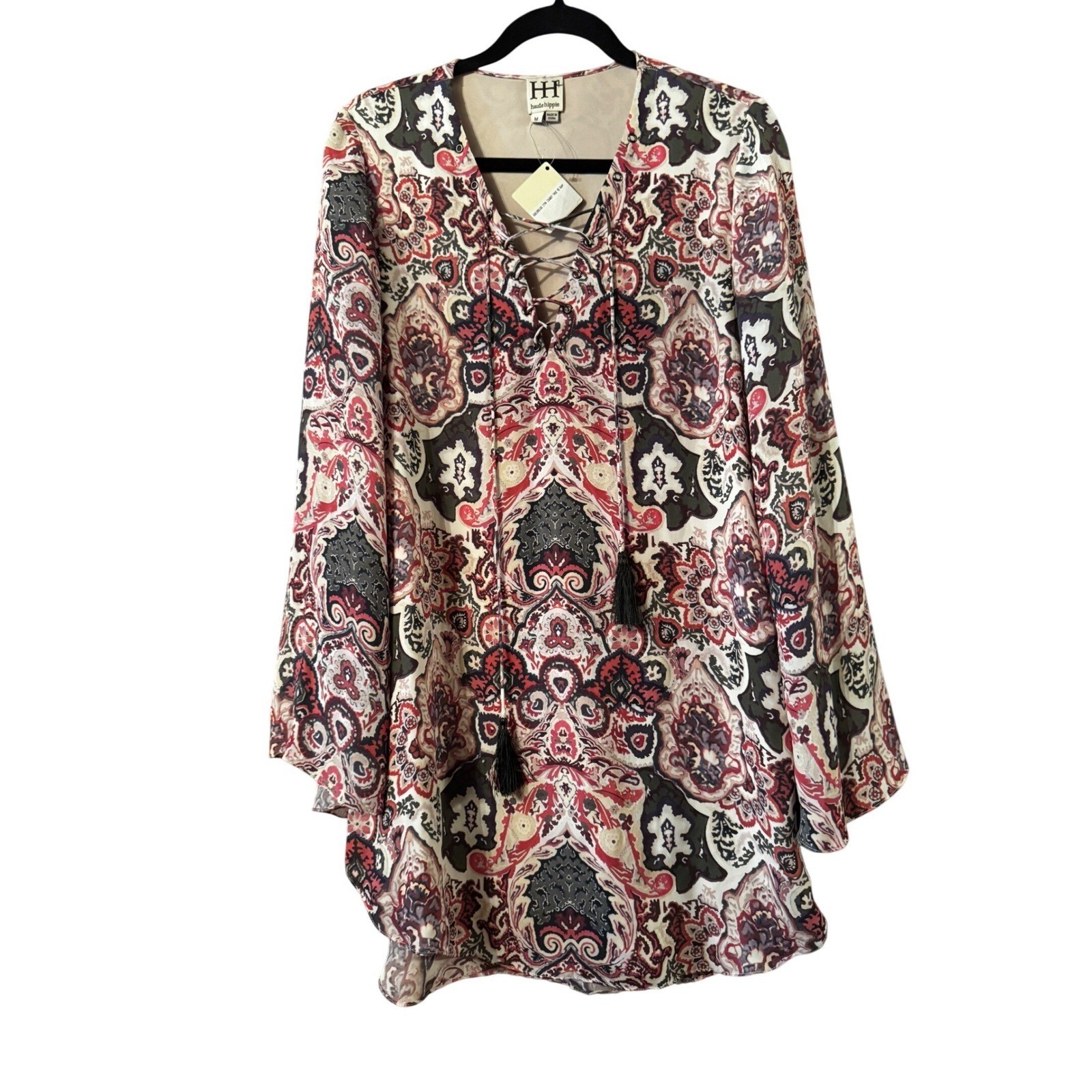 NWT Haute Hippie 100% Silk Paisley Lace-Up Mini Dress Tassels Boho Western M