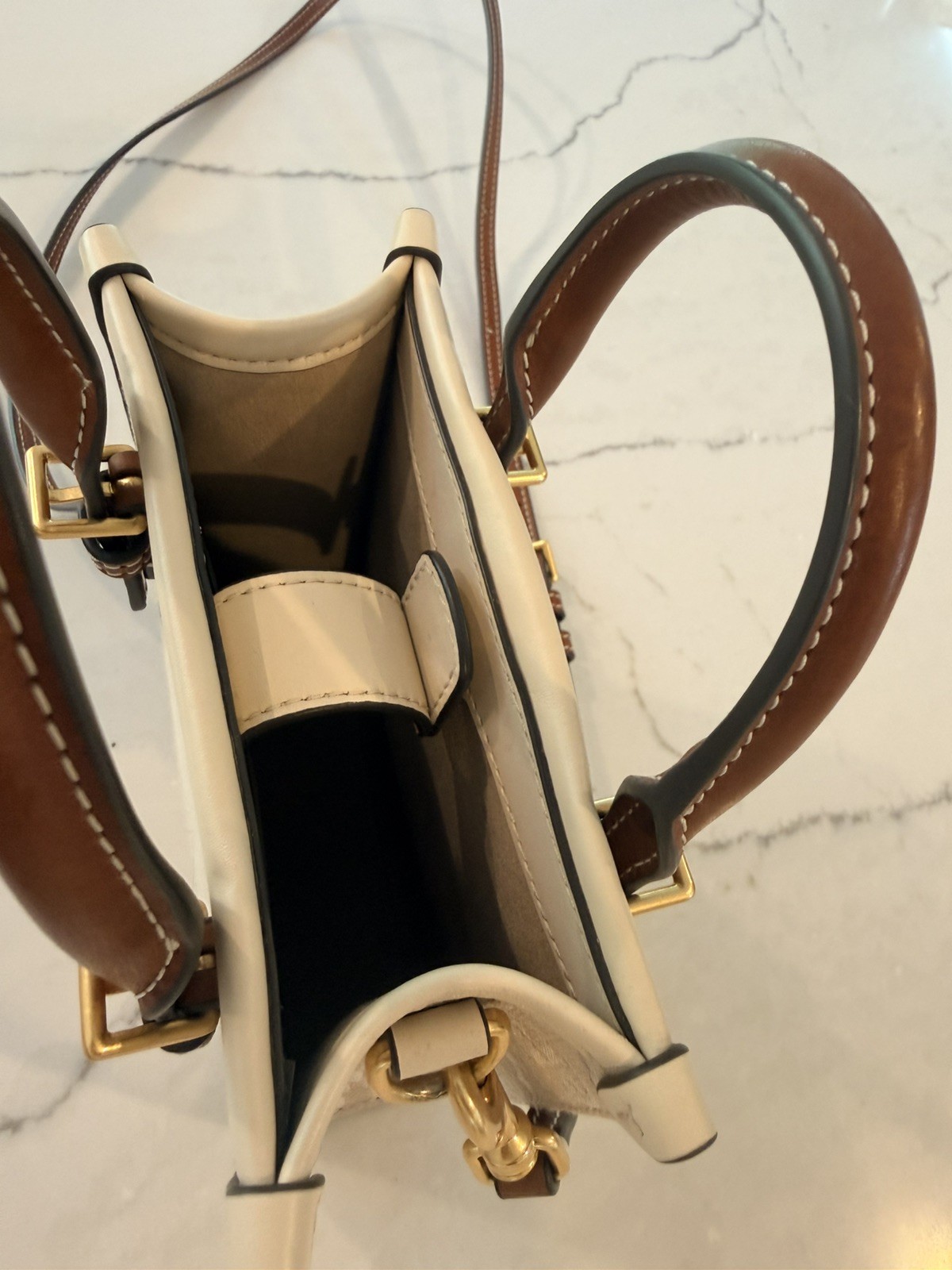 Authentic Tory Burch T Monogram Ivory Mini N/S Tote Crossbody Purse Bag 150217