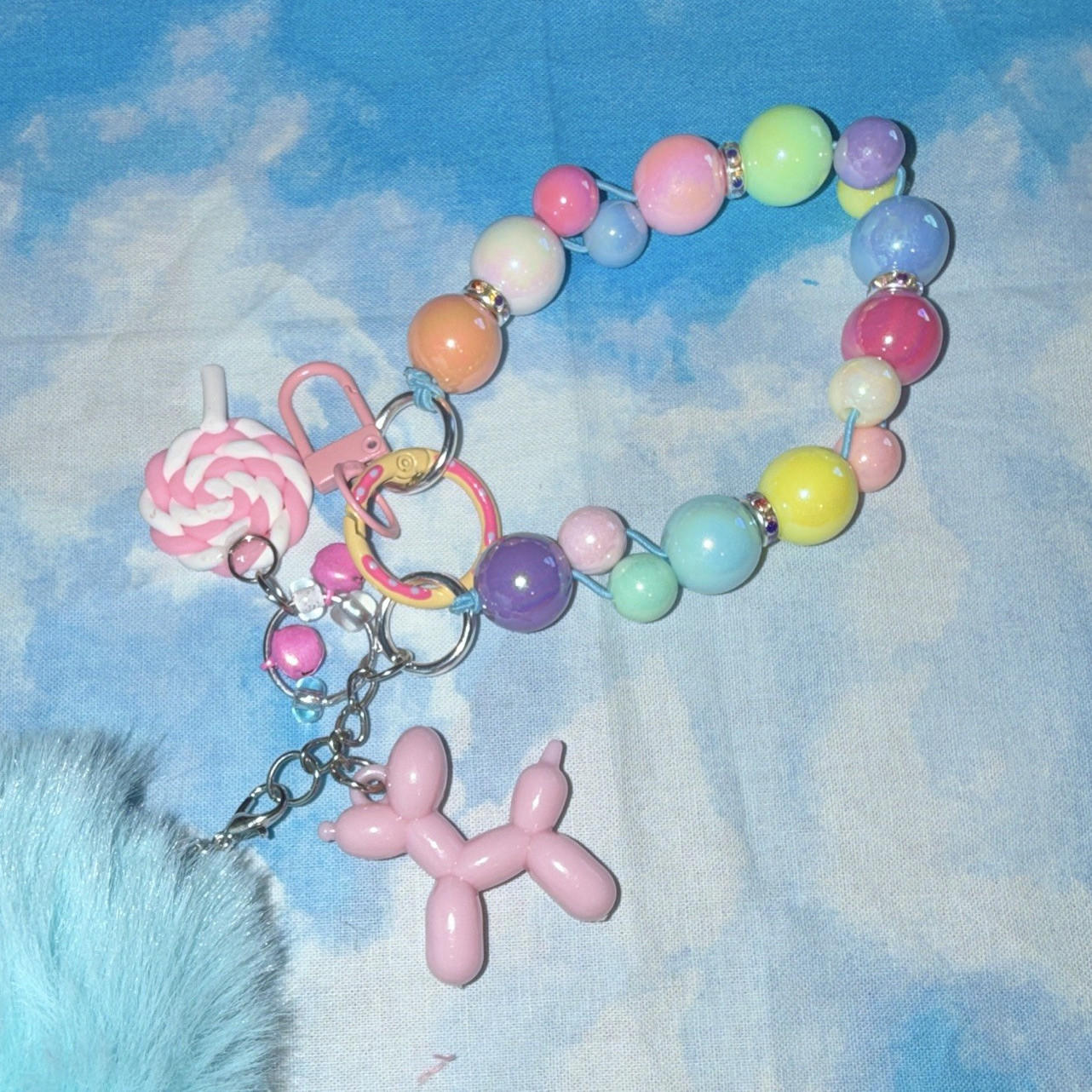 Beaded Multicolor Key Chain/Bag Charm w/Blue Pom Pom Lollipop Balloon Dog
