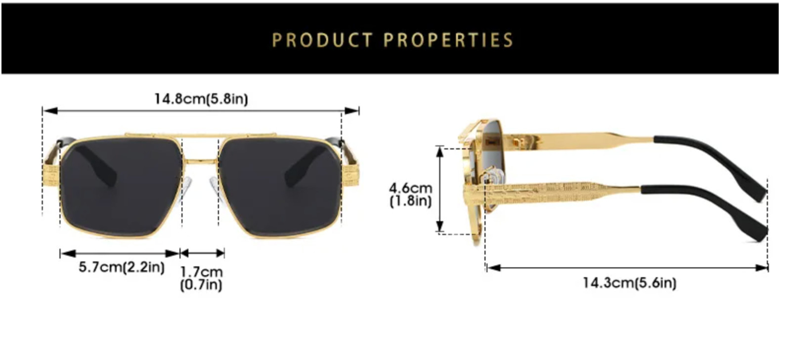 Men Sunglasses Classic Black Lens Square Fashion Design Gold Metal Frame Shades