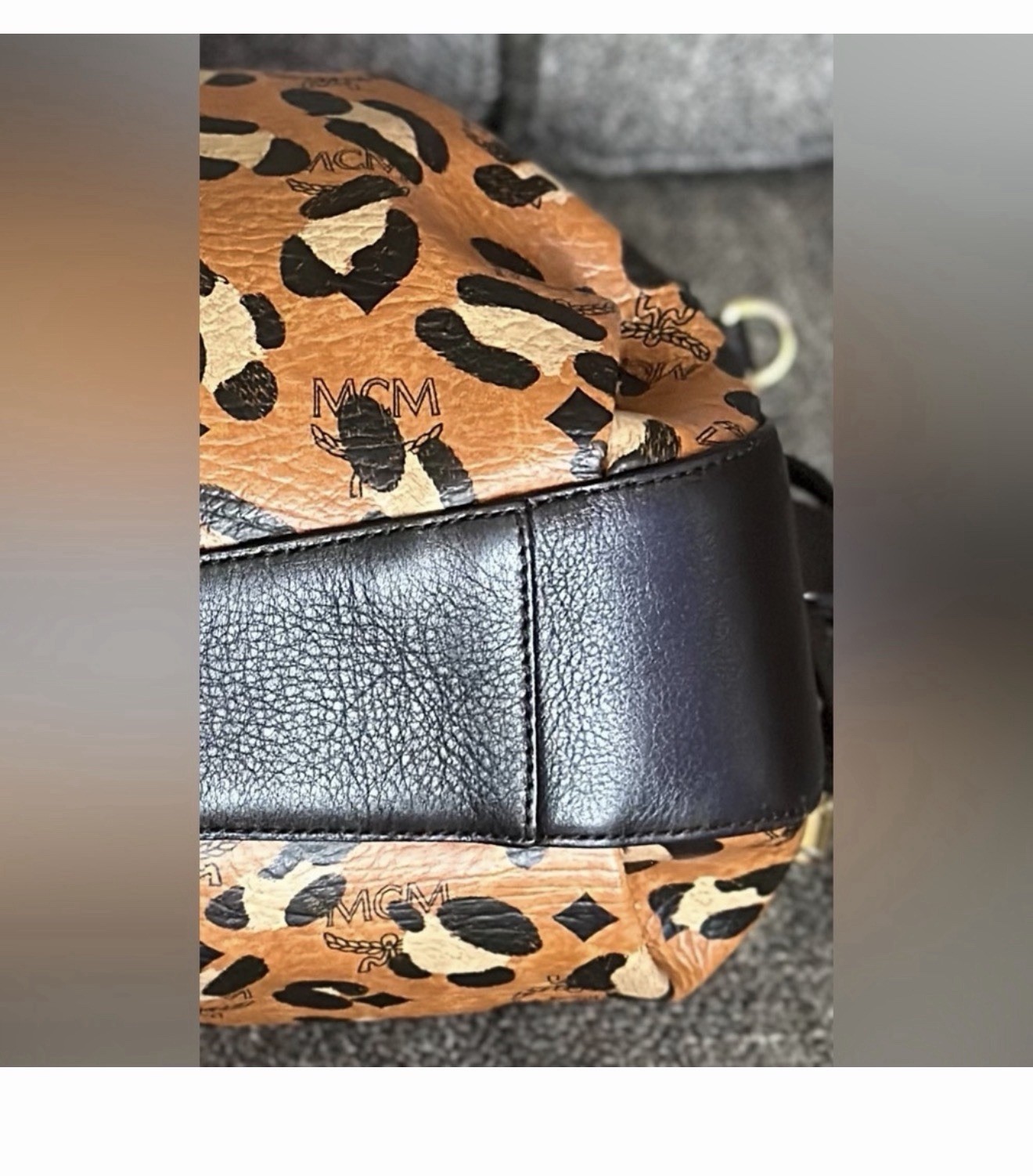 MCM Leopard Print Satchel Top Handle Bag Brown Black Drawstring Gold Dust Bag